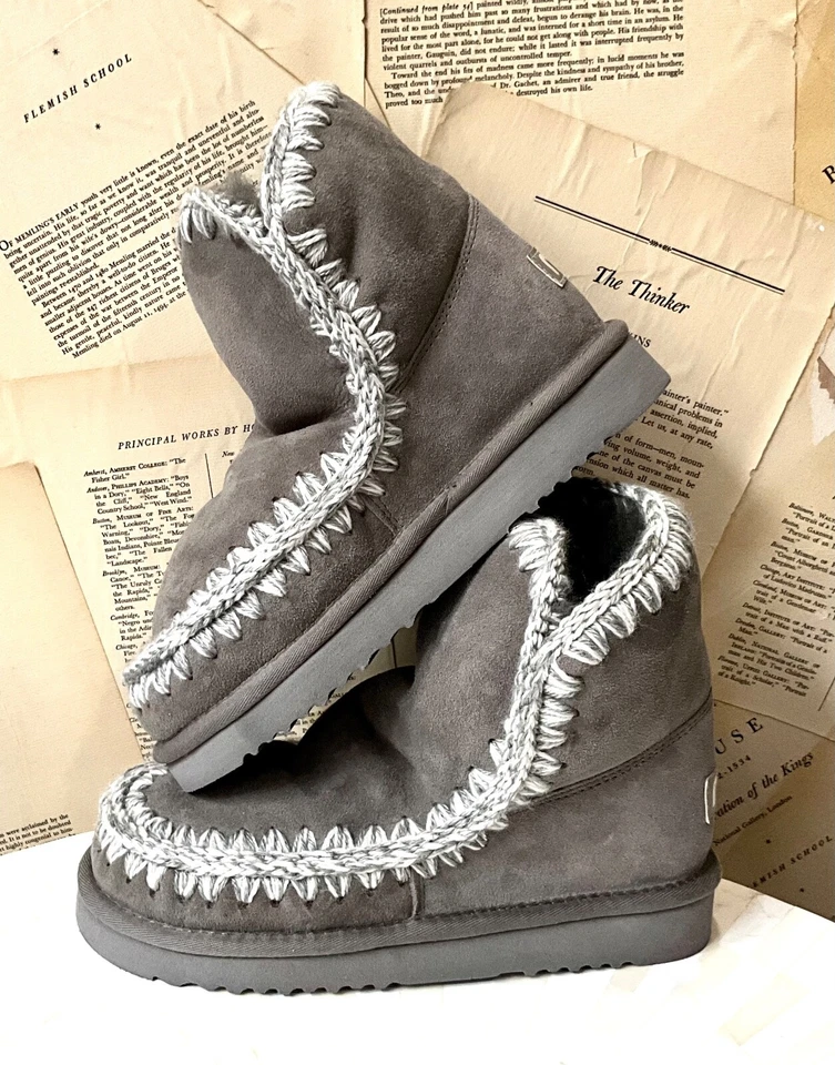 Free People MOU Bota Glaciar Piel de Oveja Tobillo Gris Lana Puntada Piel Línea 36/6 NUEVA Foto 2 de 4