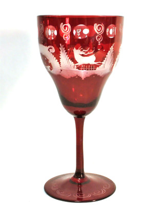 Vintage Wine Glass Goblet Ruby Red Cut to Clear Etched Reindeer Christmas