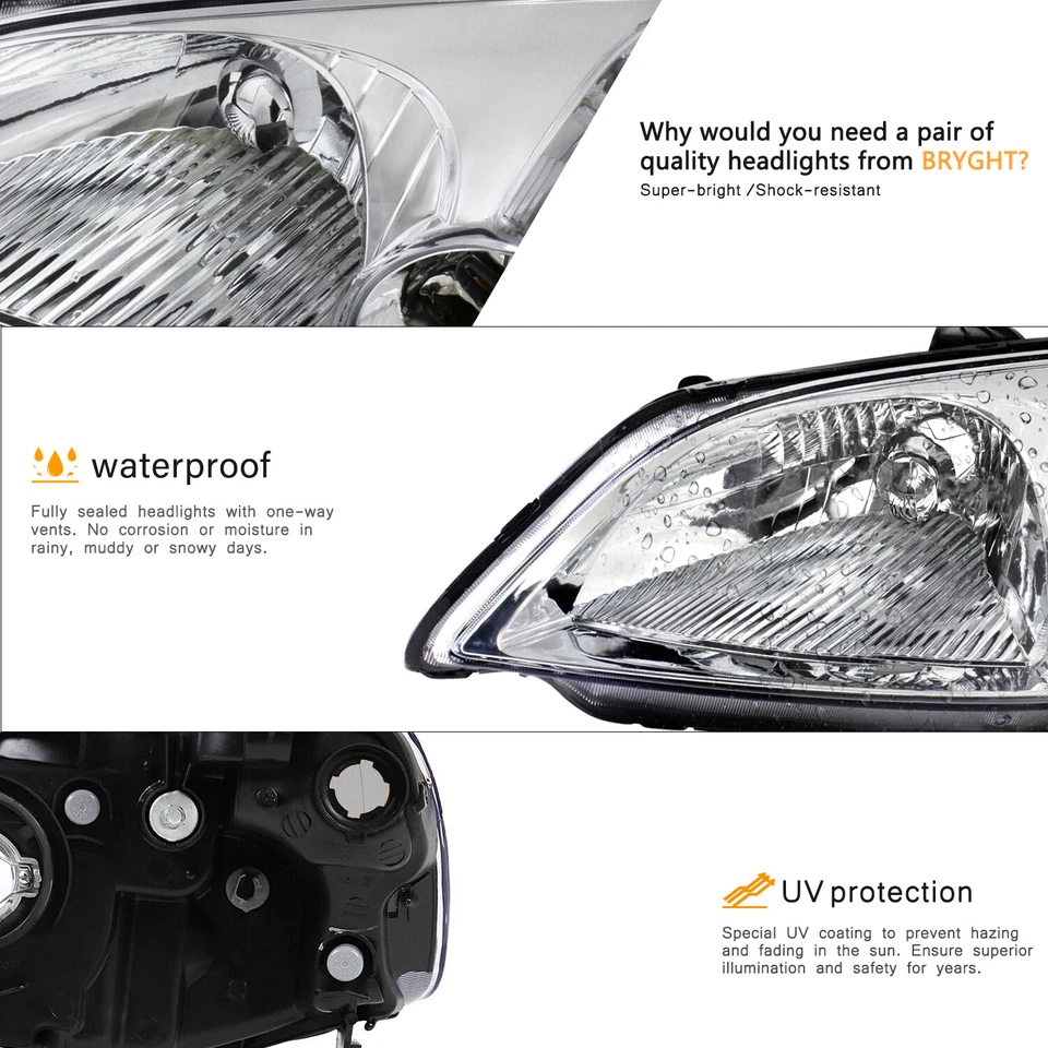 For 2001 2002 2003 Honda Civic Chrome Clear Headlights Assembly Lamps Set - Image 4 of 4
