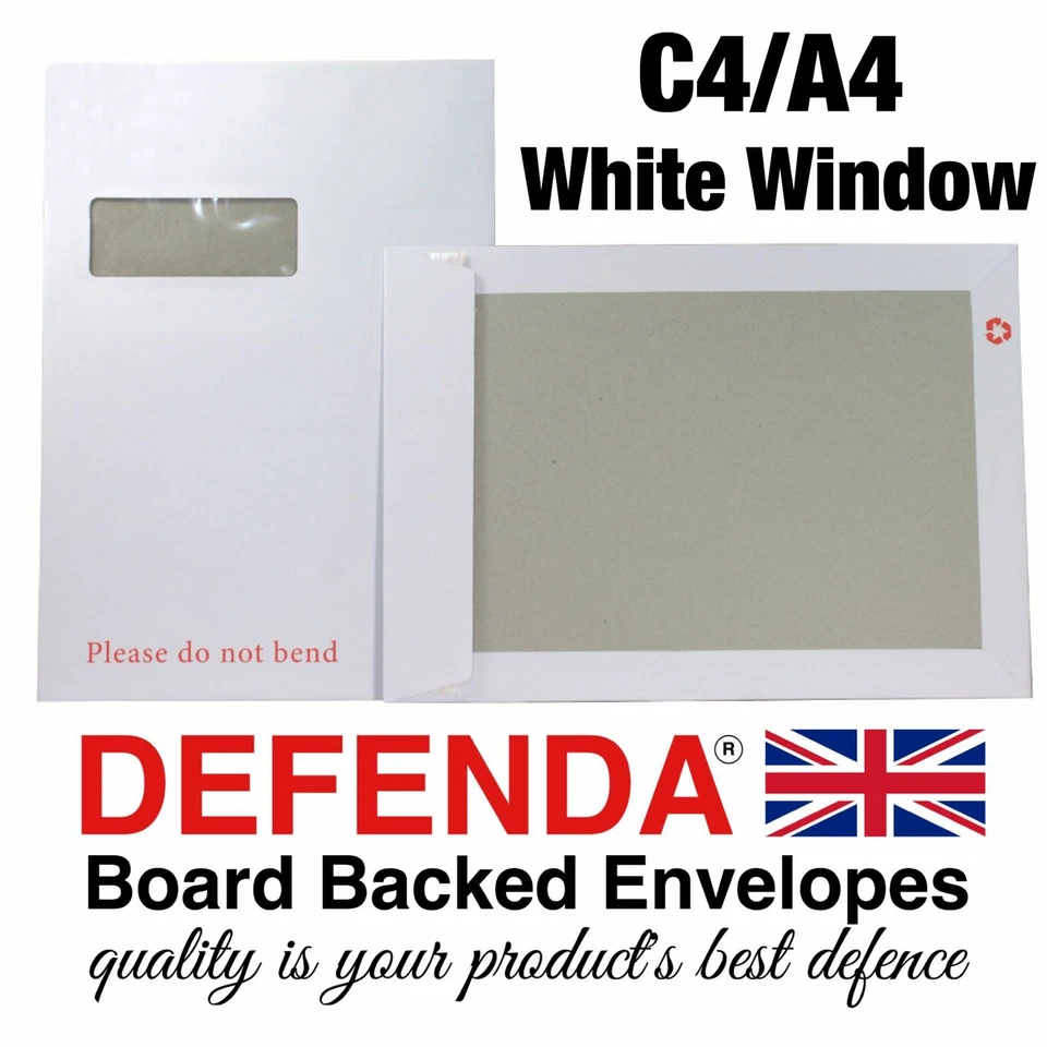DEFENDA C4 A4 size STRONG WHITE WINDOW BOARD BACKED WINDOWED ENVELOPES Hard Card Back