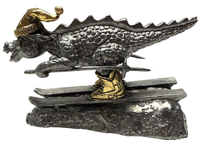 Vtg Michael Ricker Pewter Skiing Dragon Sculpture Gold Hat Boots 656/900