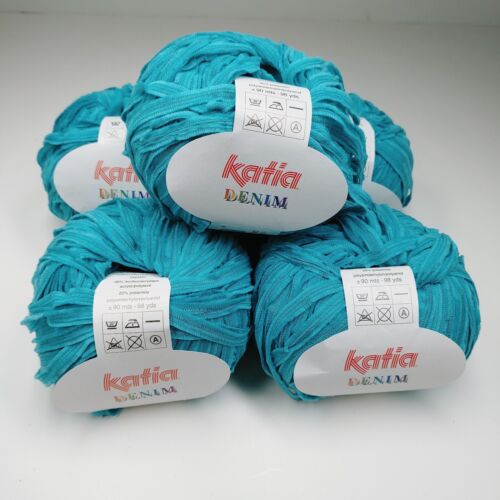 Katia Denim Ribbon Tape Yarn Lot of 5 Balls Turquoise Blue Color Cotton Acrylic