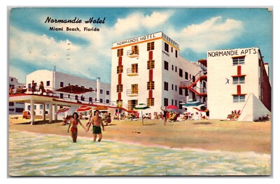 Vintage 1940s- Normandie Hotel, Miami Beach, Florida Postcard (Posted 1955)