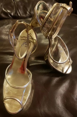 Guess By Marciano Dabria Open-toe Strappy-Sling Back Gold/Clear Heels Sz 7.5M - 第 1/8 張圖片