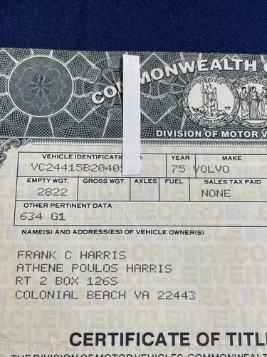 1975 Volvo 4 Door Sedan Certificate Historical Document Virginia - Picture 2 of 4