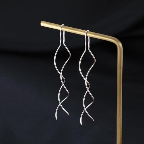 Solid 925 Sterling Silver Double Linear Curved Tassel Earrings Threader Drop Dan - Picture 6 of 7