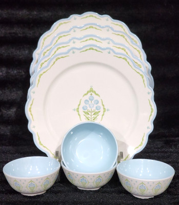 Lillian August Blue Green Floral 4 Melamine Dinner Plates 4 Dip Bowls 8pc French