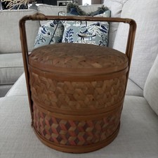 Vintage Mid Century Chinese Wedding Basket Decorative 2 Tier Wooden Rattan