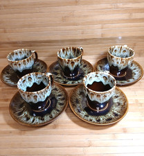Lot of 5 Canonsburg Pottery Brown Drip Glaze Coffee Mugs / Cup Saucer 1960s