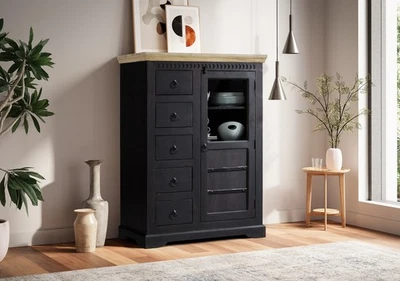 Highboard Schrank 95x131cm Massivholz Mango natur & schwarz NEU OVP!!! - Bild 1 von 4