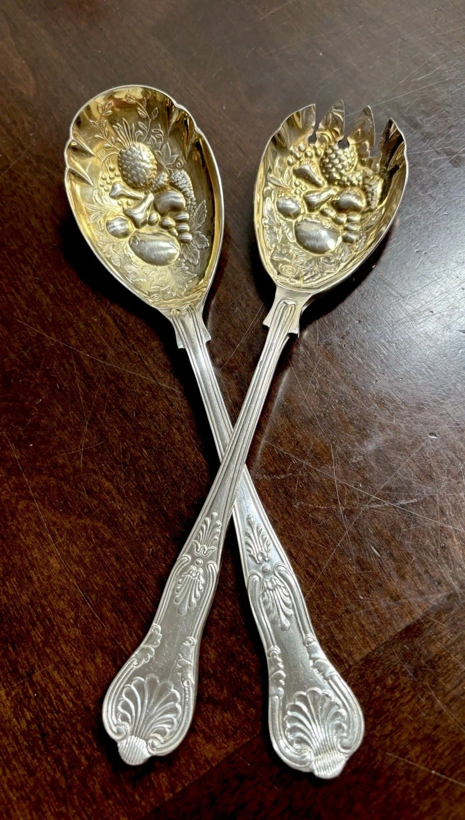 KINGS PATTERN Sheffield Silverplate Fruit Embossed Gold Wash Serving Spoons 9"