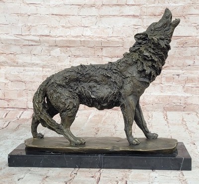 100% Bronze Statue Sculpture Wolf Howl Artwork Crafts Hand Made Marble Artwork