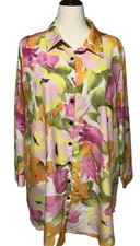 Shein Curve Top Womens 2XL Pink Green Colorful Floral Button Up Career