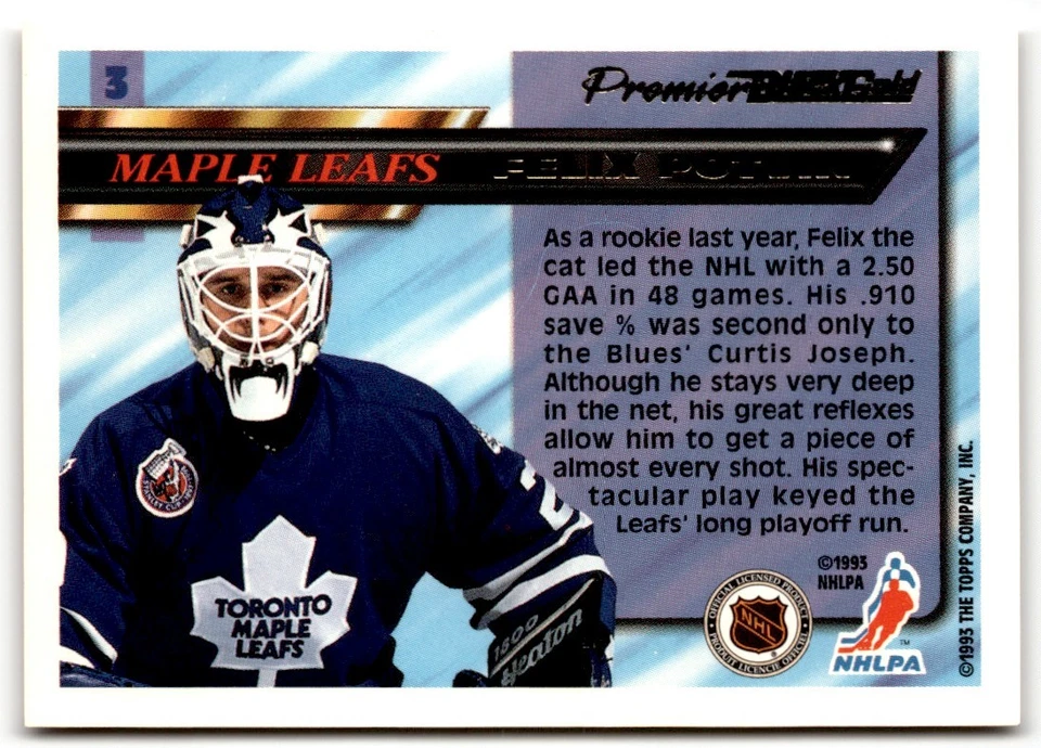 Felix Potvin 1993-94 Topps Premier Black Gold #3 Toronto Maple Leafs - Image 2 of 2