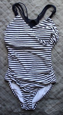 Kona Sol High-Coverage Swimsuit Navy Stripe 1 Piece ~S~ VN1299195