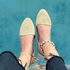 Handmade Moroccan Raffia Sandals, Raffia Ballerinas, Lace Up Sandals