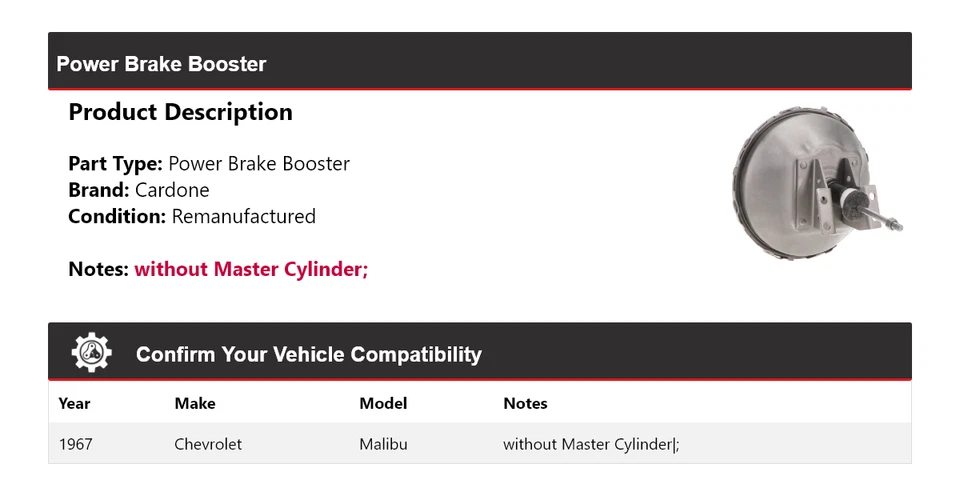 Chevrolet Malibu 1967 freno eléctrico Booster Cardone Foto 2 de 4