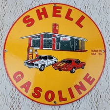Vintage Shell Gasoline Porcelain Gas Station Advertising Sign Cars Automobiles 