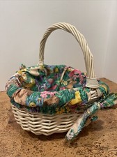 Vintage Off White Wicker Easter Lined Basket with Handle Bunny Chicks Floral Med