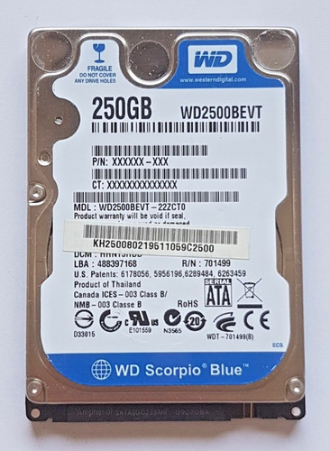 250 GB SATA Western Digital WD2500BEVT-22ZCT0 5400rpm 8MB HDD 2,5" Festplatte