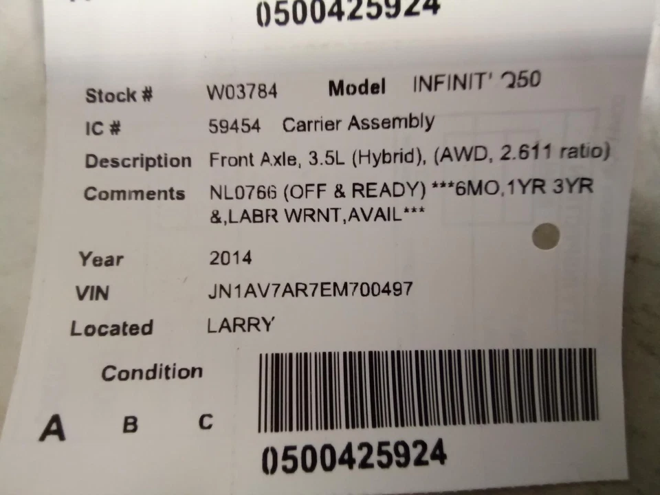 Used Differential Carrier Assembly fits: 2014  Infiniti q50 Front Axle 3 - Imagem 4 de 4