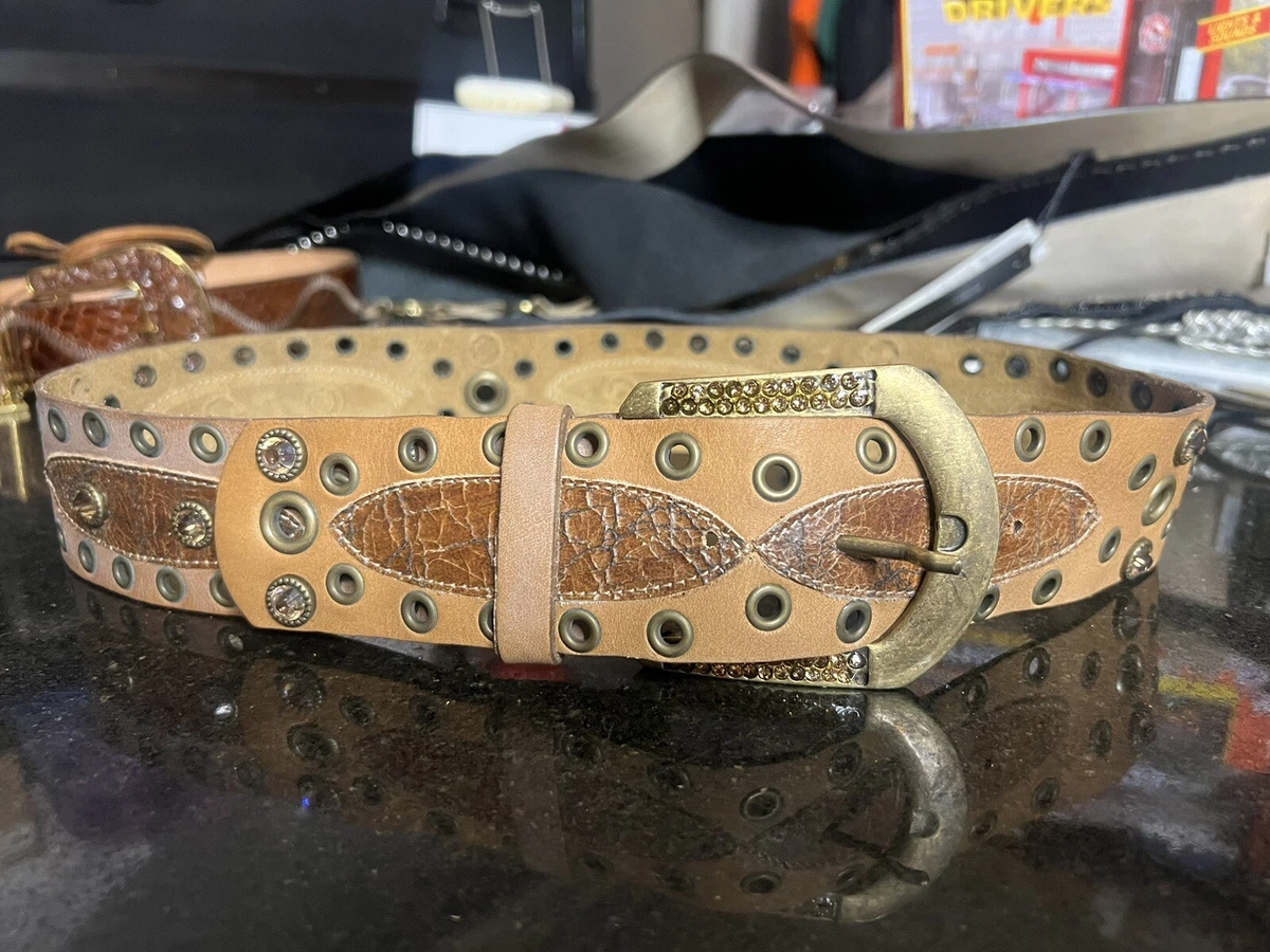 Vintage LEATHERROCK USA Brown Leather Western Rhinestone Belt Boho 41\