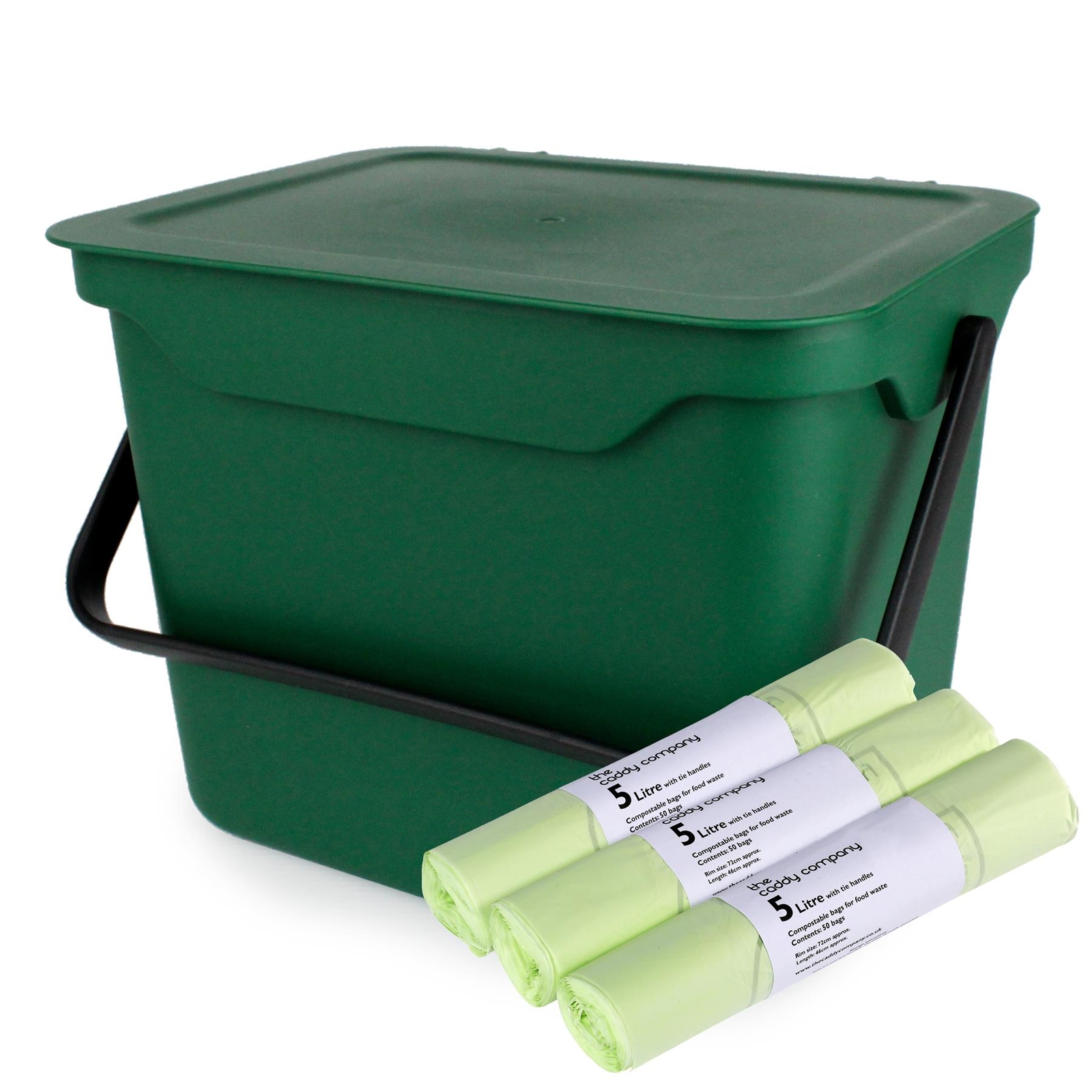 5L Green Kitchen Compost Caddy/Food Waste Bin &150 x 5 Litre Compostable Bags
