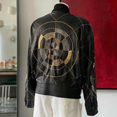 GIANNI VERSACE Black Leather Jacket with Greek Key Studded size 52