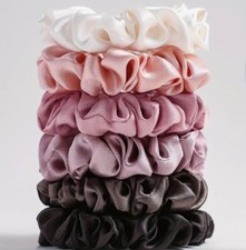 Pink Ivory Brown Hair Ties Silky Satin Scrunchy Elastic Band Ponytail Holder Set