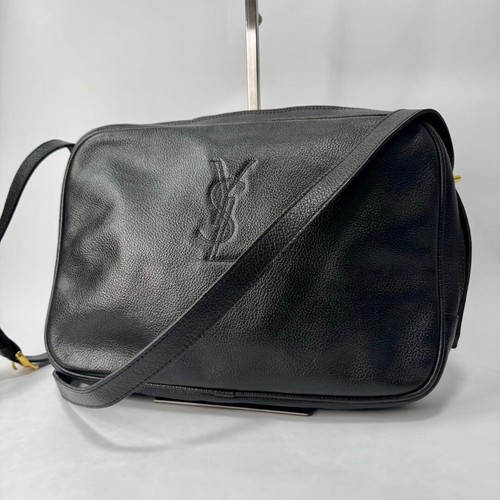 Yves Saint Laurent YSL Logo Black Leather Camera Crossbody Bag Adjustable Strap
