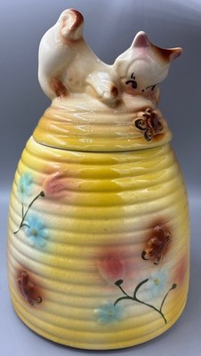 Vintage 1950's American Bisque Kitten On Beehive Ceramic Cookie Treat Jar 11''