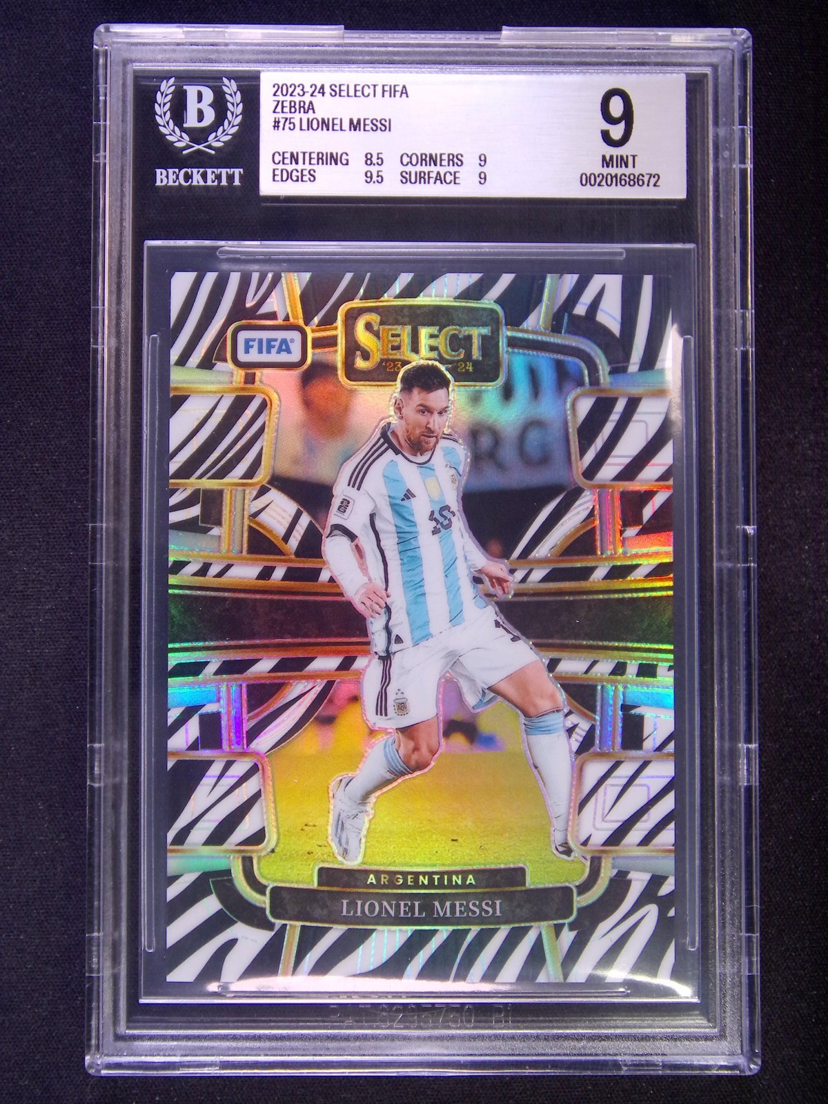 2023-24 Panini Select FIFA Lionel Messi #75 Terrace Zebra Prizm /25 BGS 9