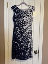 CHAPS Womens Navy & White Floral Cowl Neck, Ruched Tummy Sheath Dress Large L