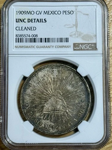 1909-MO Mexico Silver Peso, NGC UNC Details - Cleaned