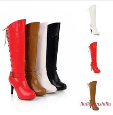 Chic Womens Round Toe Knight Knee High Boots Lace Up High Heel Punk Casual Shoes