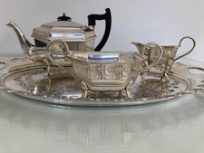 vintage silver plated tea set and Walker and Hall inscribed tray plus stand 1959
