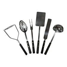 Vintage EKCO FORGE 6pc Utensil Black Handle Spoon Spatula Ladle Spreader USA