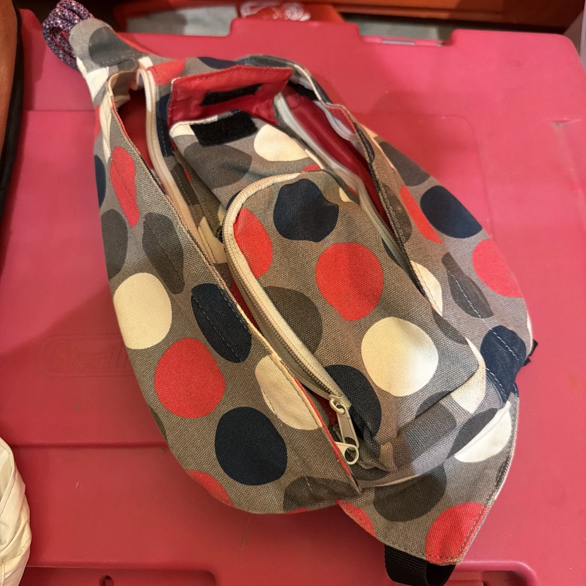 Kavu Polka Dot Sling Bag Gray Pink Green and Brown KAVU Rope Sling Bag Grey Polka Dot Adjustable Strap  main image 3
