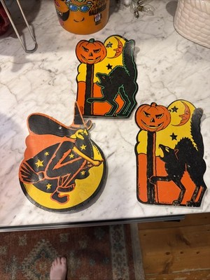 Vintage Halloween Decorations 4 Original Pumpkin, Cat, Witch Cutouts. USA