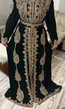 2 Pcs Luxury Moroccan Velvet Caftan Dark Green Heavy Gold Embroidery with Stones