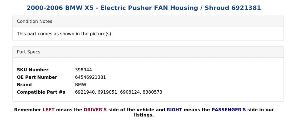 2000-2006 BMW X5 - электрический толкатель вентилятор корпус / плащ 6921381 - Изображение 4 из 4