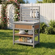 Wooden Garden Cabinet Outdoor Storage Cabinet with Drawer, Shelves & Countertop