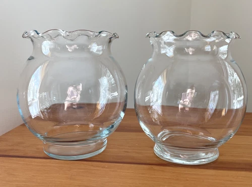 Anchor Hocking Candle Holders Fish Bowls VTG Ruffle Edge Clear Glass Pair