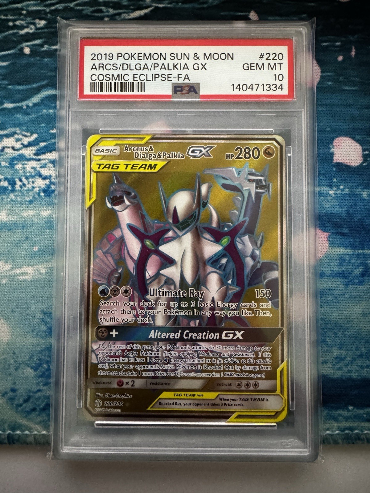 Arceus & Dialga & Palkia GX (Full Art) 220/236 Sun & Moon Cosmic Eclipse PSA 10