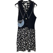 Vintage Sleeveless Collared Knit Button Front Knee Length A-Line Dress Black L