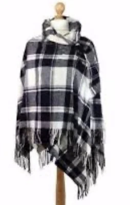 Y2K Boho Black White Plaid Hooded Poncho Cape Toggle Front Cozy Layer ~NWOT - Image 1 of 4