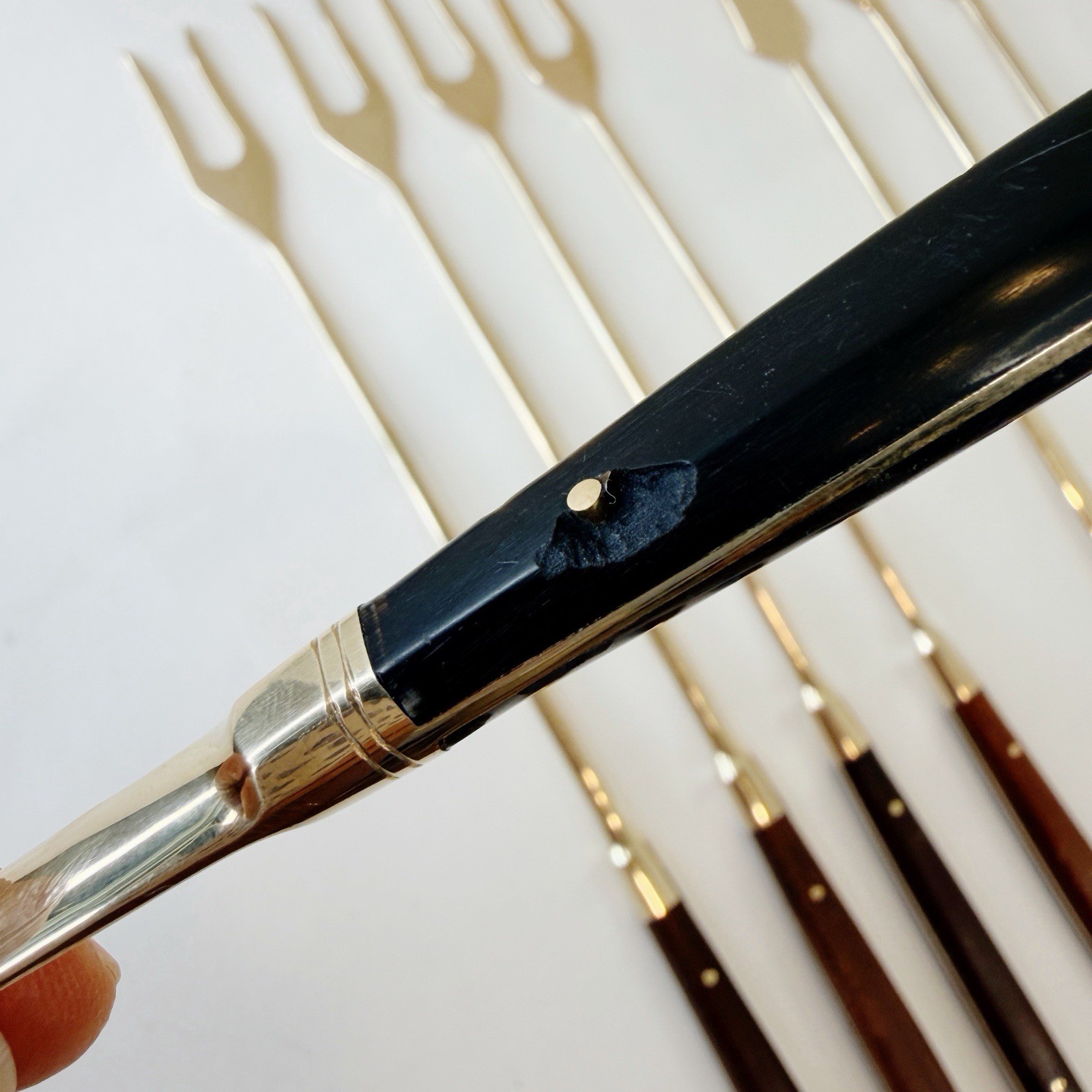 Set Of 8 Brass Fondue Forks Vintage Mid Century Retro 70s Wood & Acrylic Handles