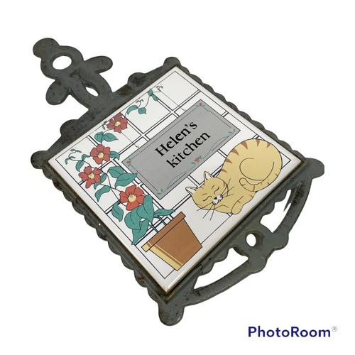 Trivet de hierro fundido Helen's cocina gato maceta azulejos granja cabaña de colección - Imagen 7 de 9