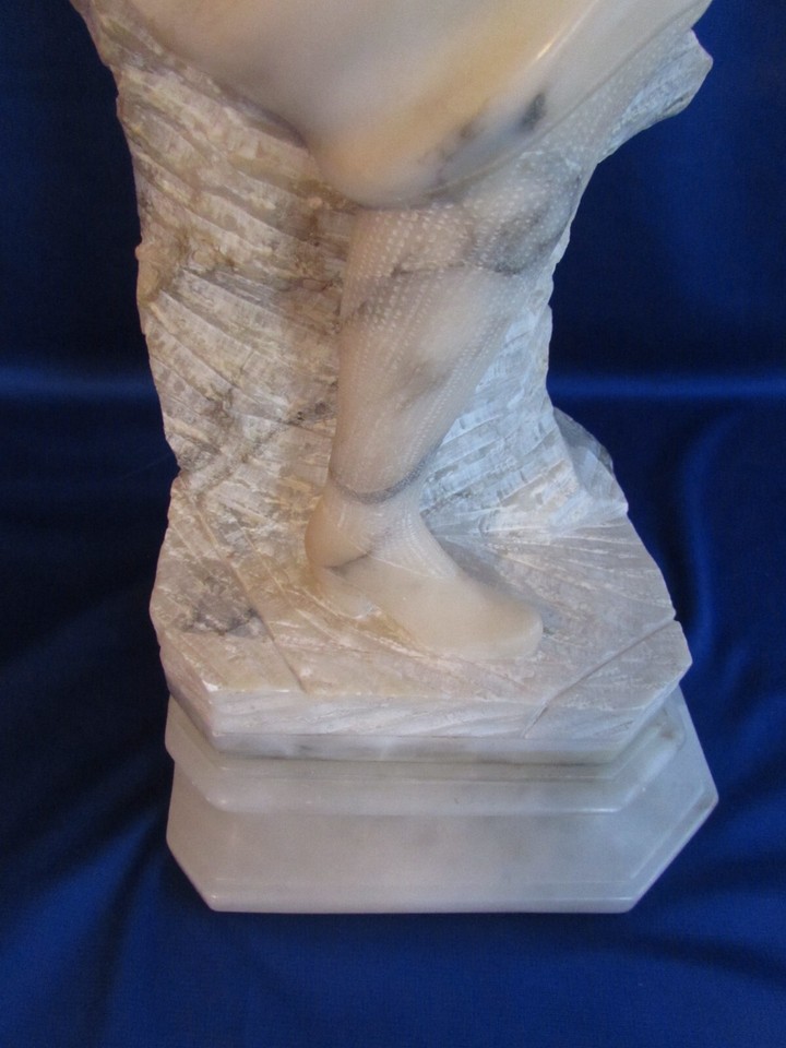 ANTIQUE MARBLE AND ALABASTER HAND CARVED FIGURAL TABLE LAMP STAGGERING