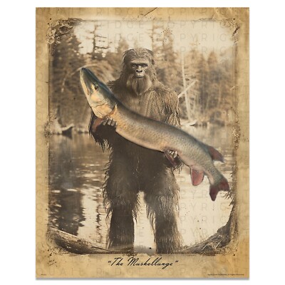 Stampa D'arte Vintage Sasquatch Bigfoot "The Muskellunge" - Pesca E Caccia In Cabina, 14x11 Pollici